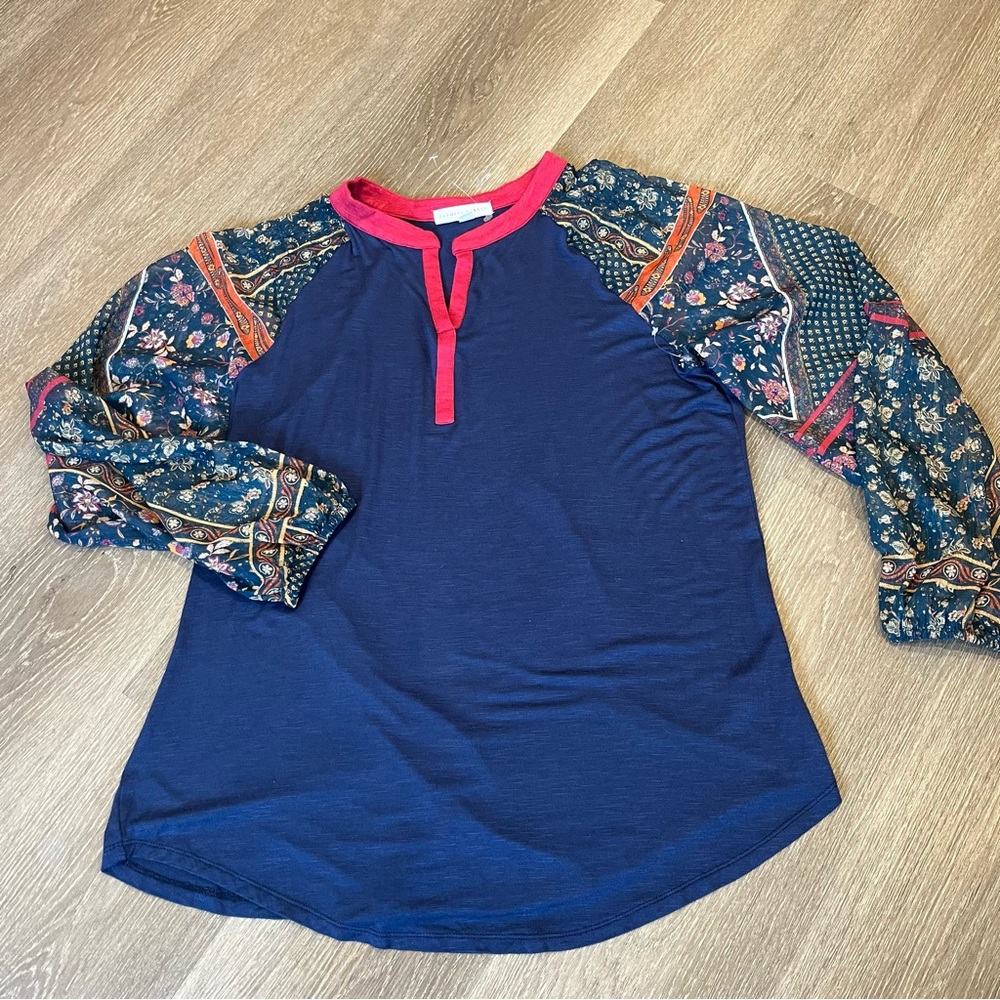 Farmers Market by OneWorld long sleeve blue top with floral sheer sleeves